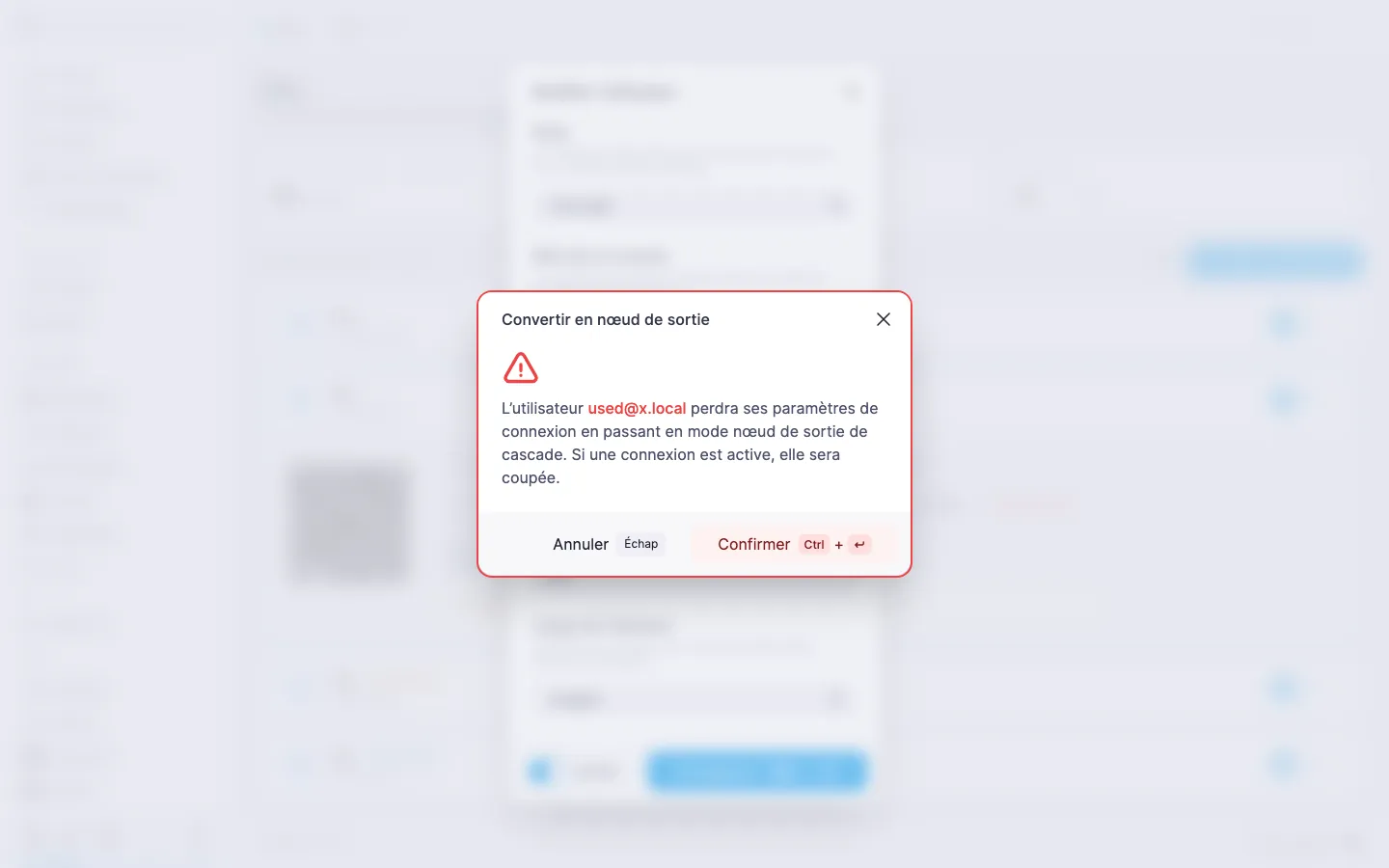 Boîte de dialogue « Convertir en nœud de sortie » : avertissement indiquant que l’utilisateur perd sa configuration de connexion propre et que les connexions actives seront coupées