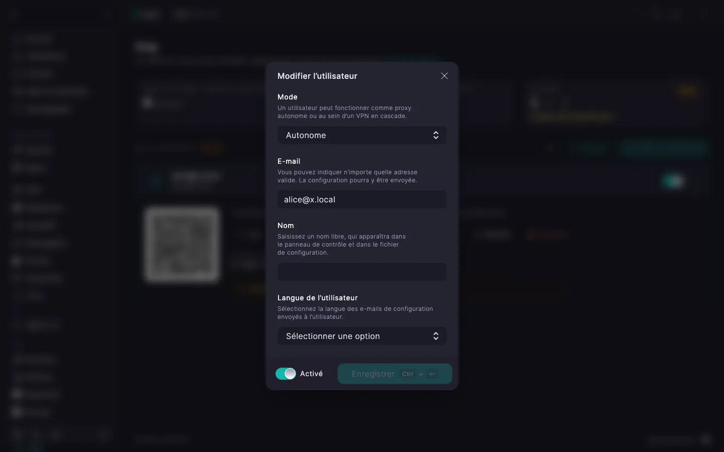 Boîte de dialogue de modification d’un utilisateur Xray avec le sélecteur « Mode » (Autonome), les champs « E-mail » et « Nom » et la liste déroulante « Langue de l’utilisateur » réglée sur « Anglais »