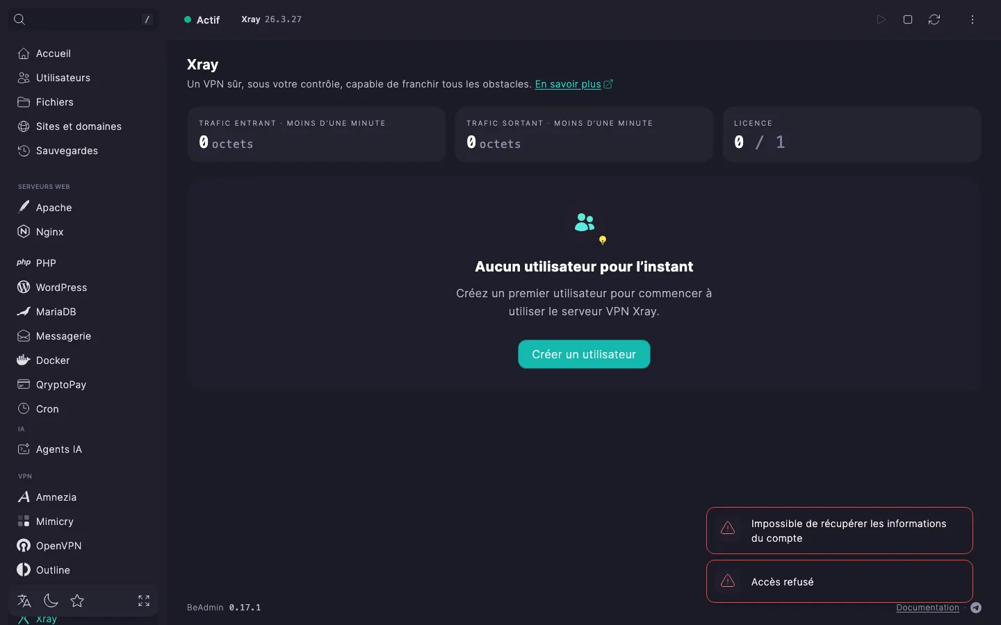 Page du module Xray juste après l’installation : état du service, tuiles de trafic et de licence, carte vide avec le bouton « Créer un utilisateur »