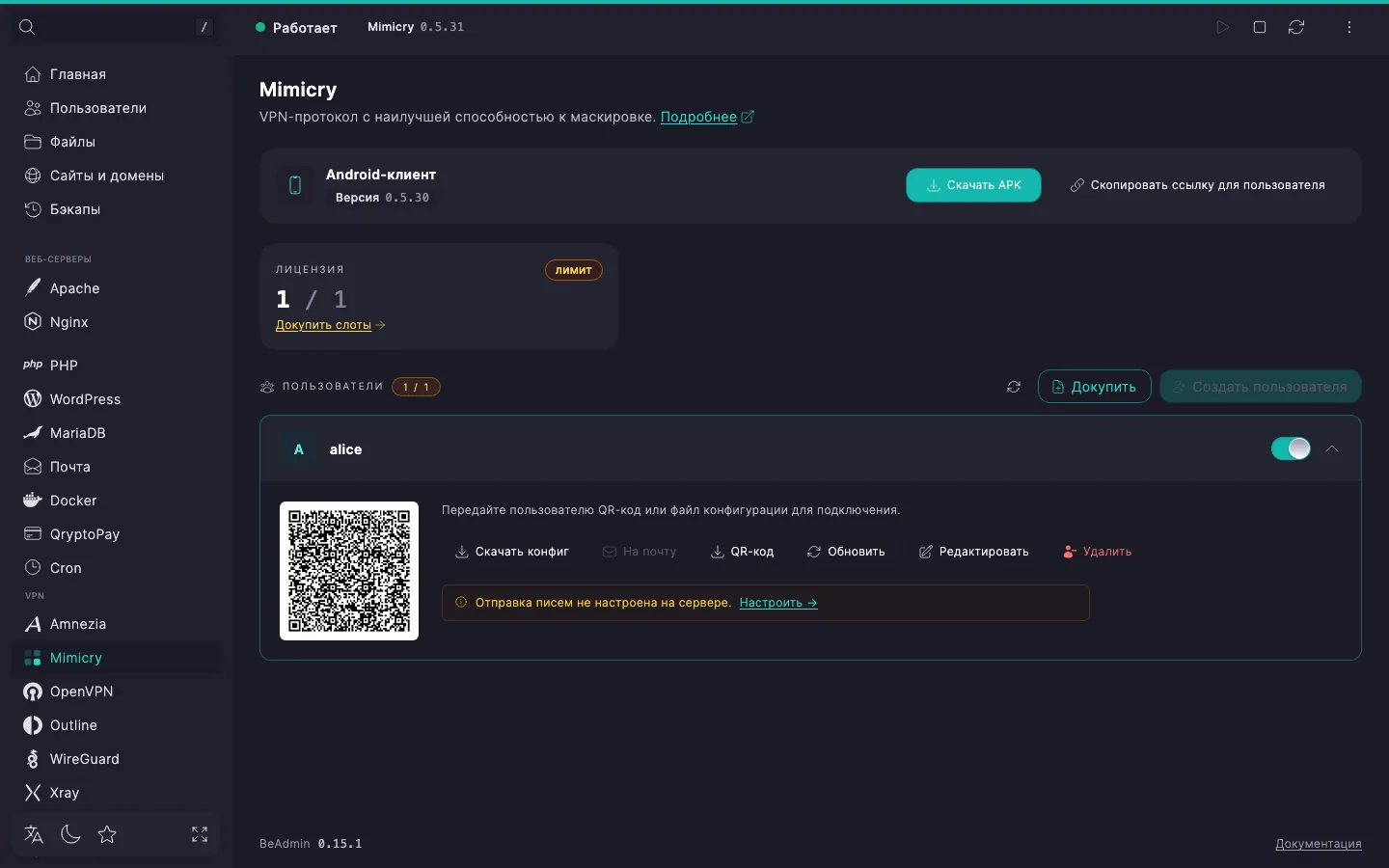 раскрытая строка пользователя Mimicry с QR-кодом, плитками с электронной почтой и комментарием и кнопками «Скачать конфиг», «На почту», «QR-код», «Обновить», «Редактировать», «Удалить»